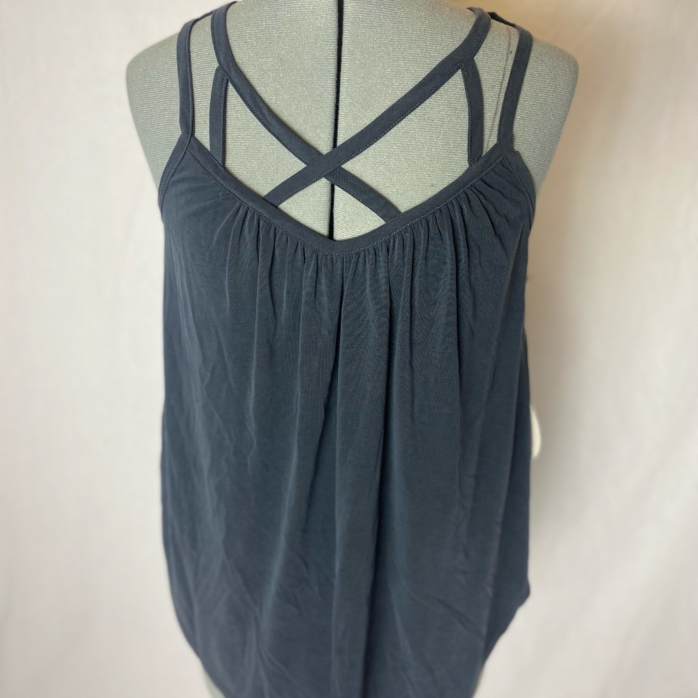 Black Modal Fiber tank by Hummingbird. Criss cross design.
